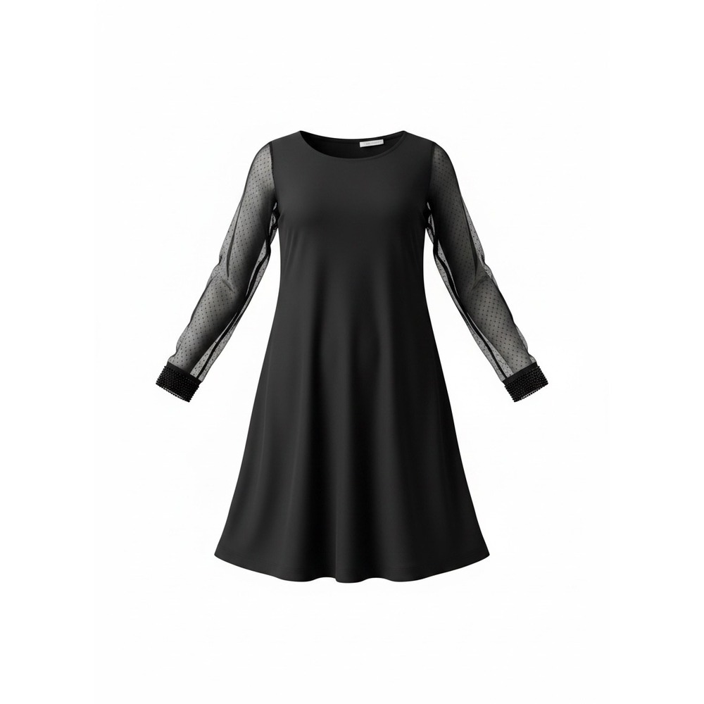 Annalee + Hope Black Shift Dress Sheer‎ Mesh Long Sleeves Beaded Cuffs Womens S